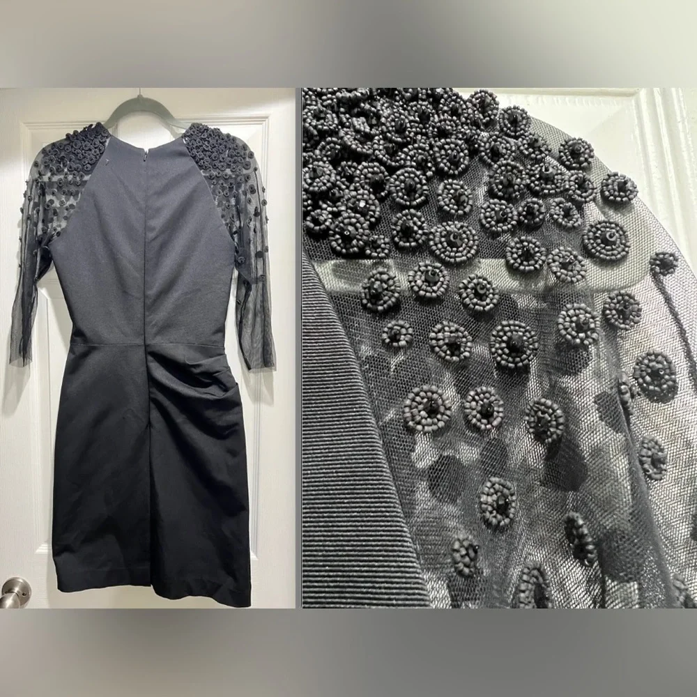 HOT Lela Rose Embellished Beaded Mesh Sleeve Ruched Sheath Black Dress $1695+! - Picture 3 of 12